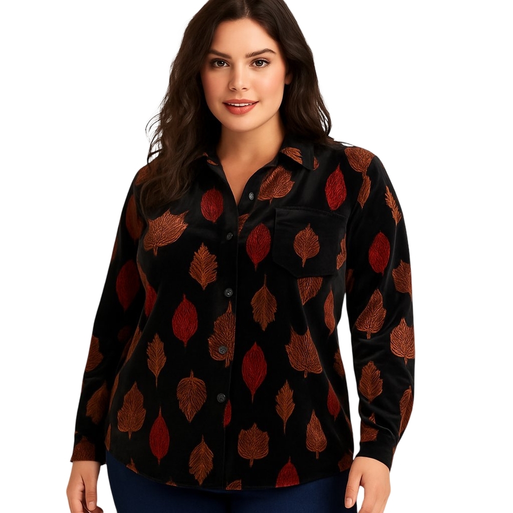 Vintage CINDY BAI Blouse Womens Plus 1X Black Velvet Leaf Print 90s Fall Retro
